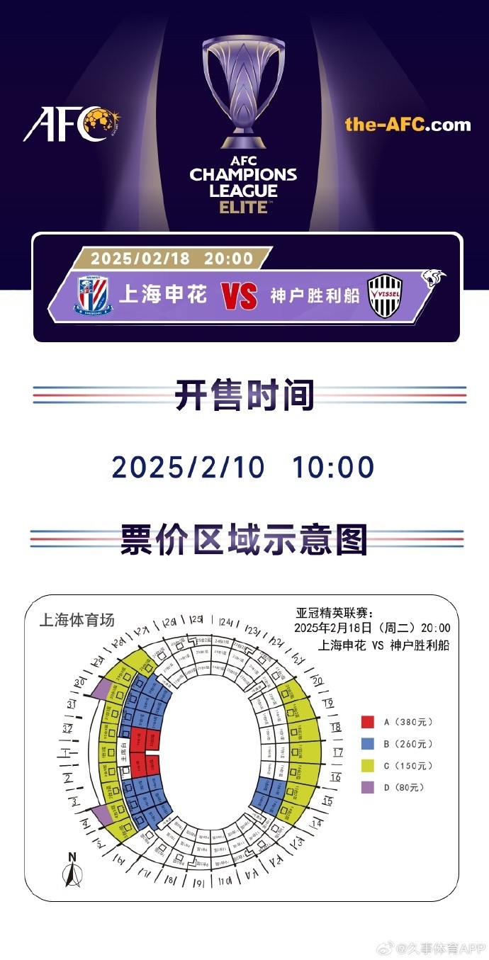  上海申花vs神戶勝利船票務(wù)方案：明日開售，票價區(qū)間80元-380元