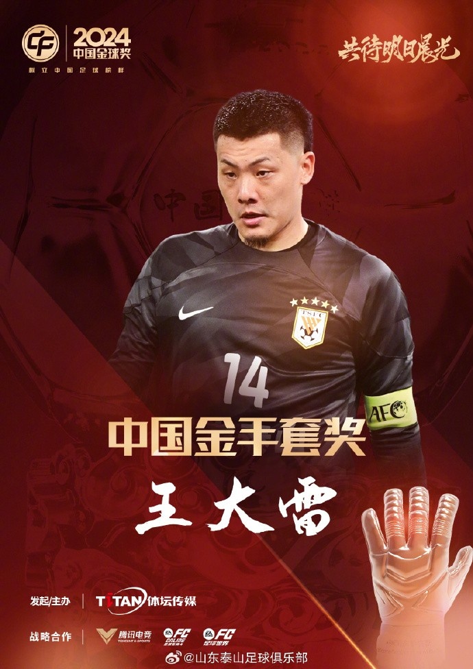  王大雷榮獲中國金手套獎，謝文能入選中國金球獎候選人前三名