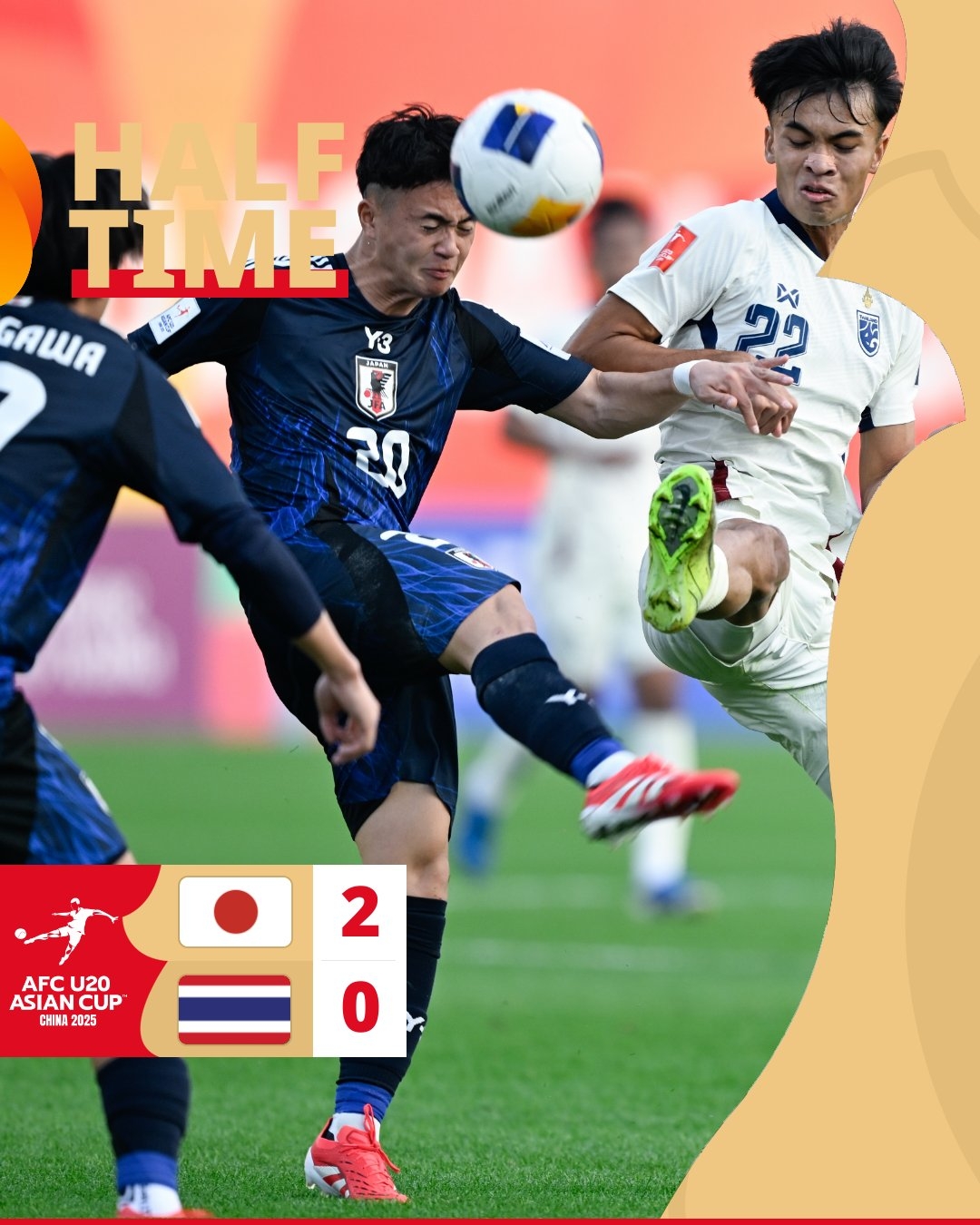  半場-日本U20 2-0領(lǐng)先泰國U20，石井久繼破門+中柱 泰國0射正