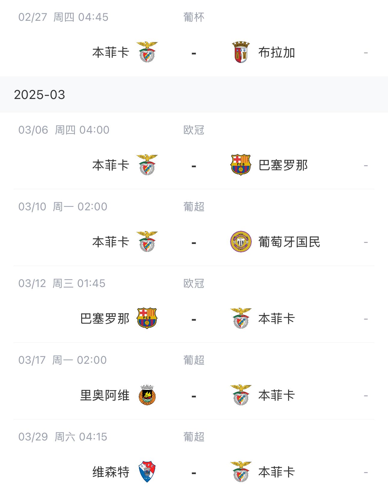  讓路歐冠！本菲卡戰(zhàn)巴薩首回合比賽前的葡超比賽推遲進行
