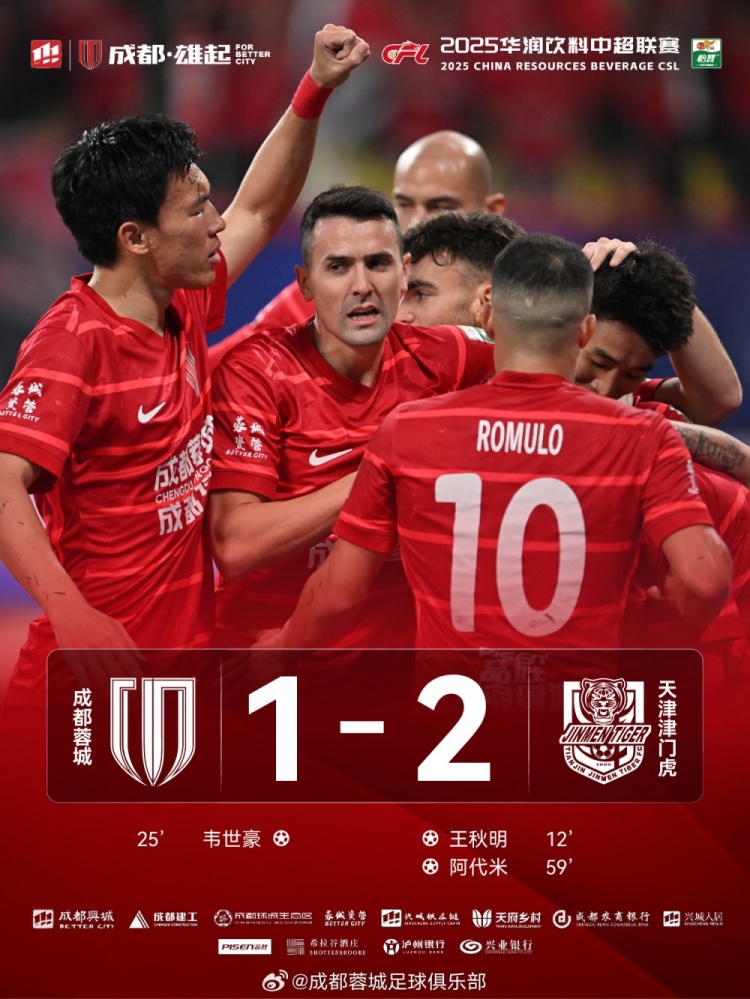  今晚成都蓉城主場對陣天津津門虎，最終1-2負(fù)于對手